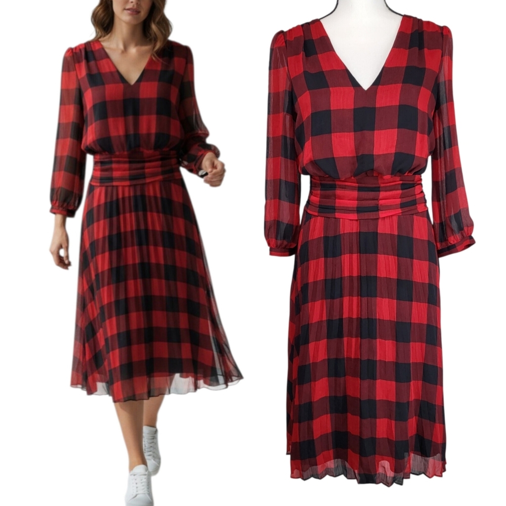 Karl Lagerfeld Paris Buffalo Plaid Chiffon Midi Dress Red Black Pleated Size 4